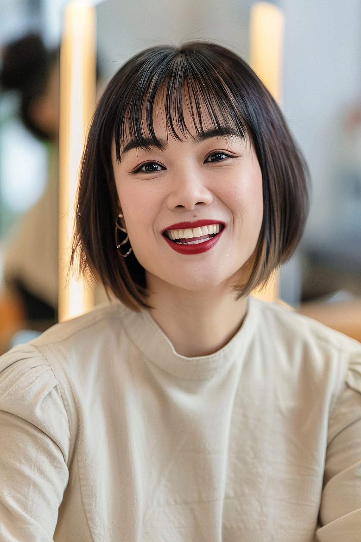 Asian woman with elegant chin-length Chinese bob and straight bangs