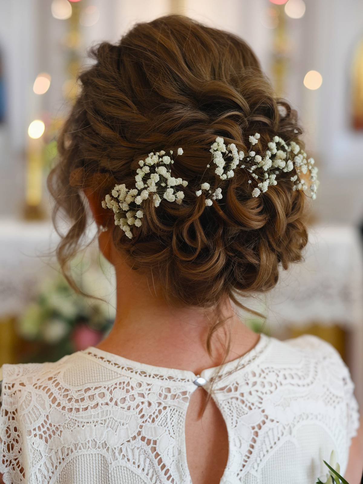 Elegant curly hair bun adorned with delicate baby’s breath flowers, perfect for weddings