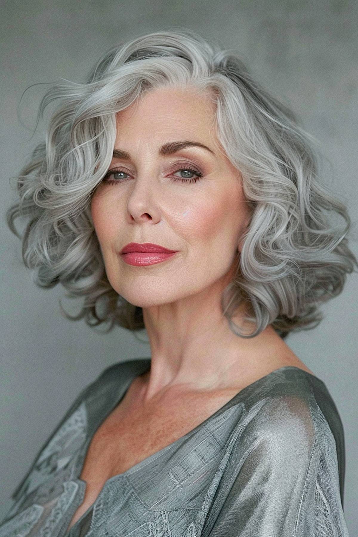 Elegant neck-length gray curly hairstyle for women over 50