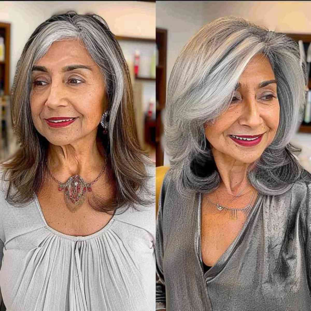 Silver Curled Long Bob with Layers