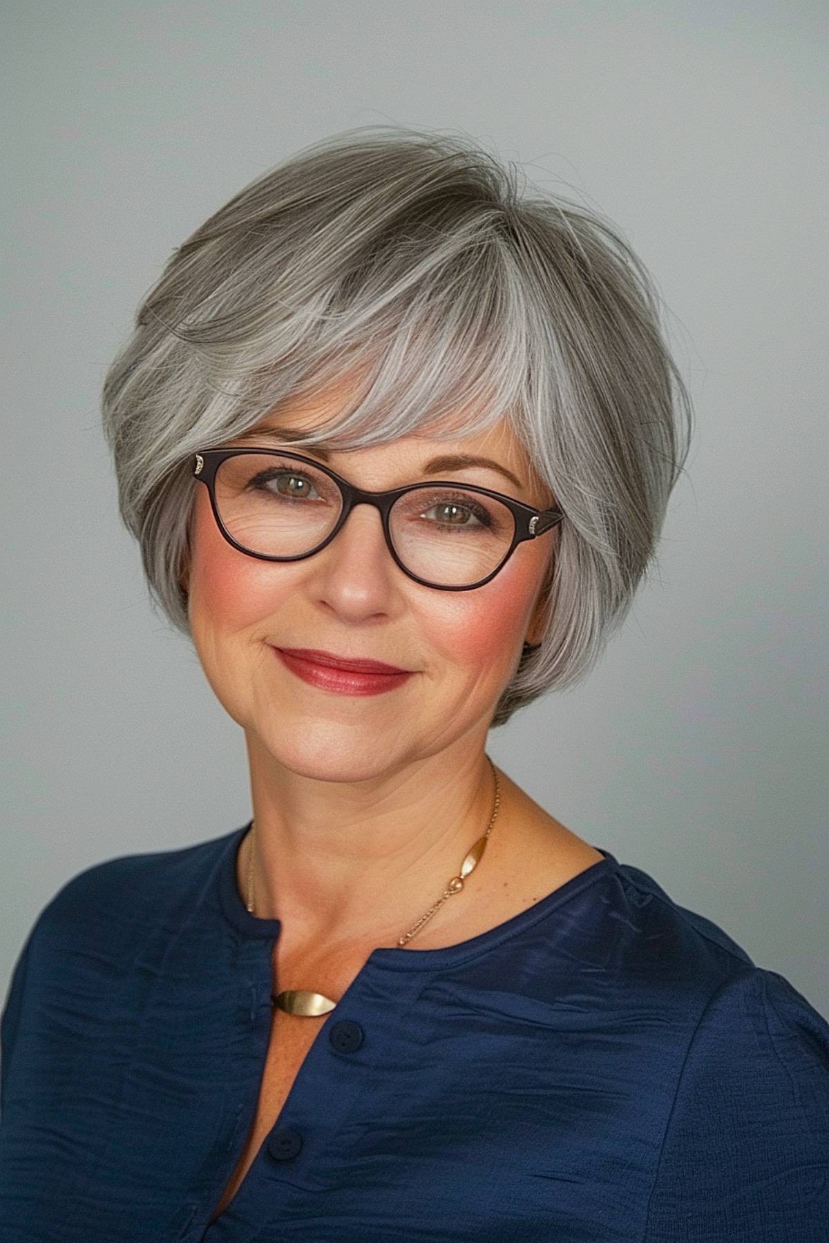 Gray short bob with bangs and glasses hairstyle