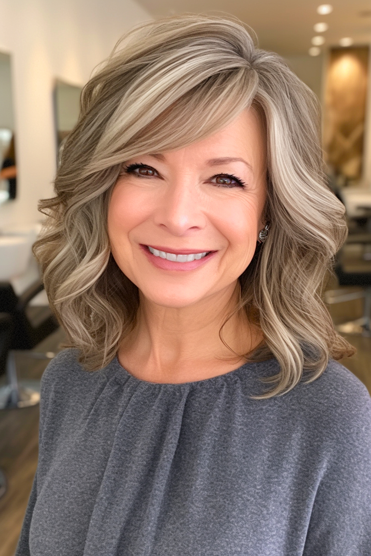 Grey medium shag haircut with waves and side bangs