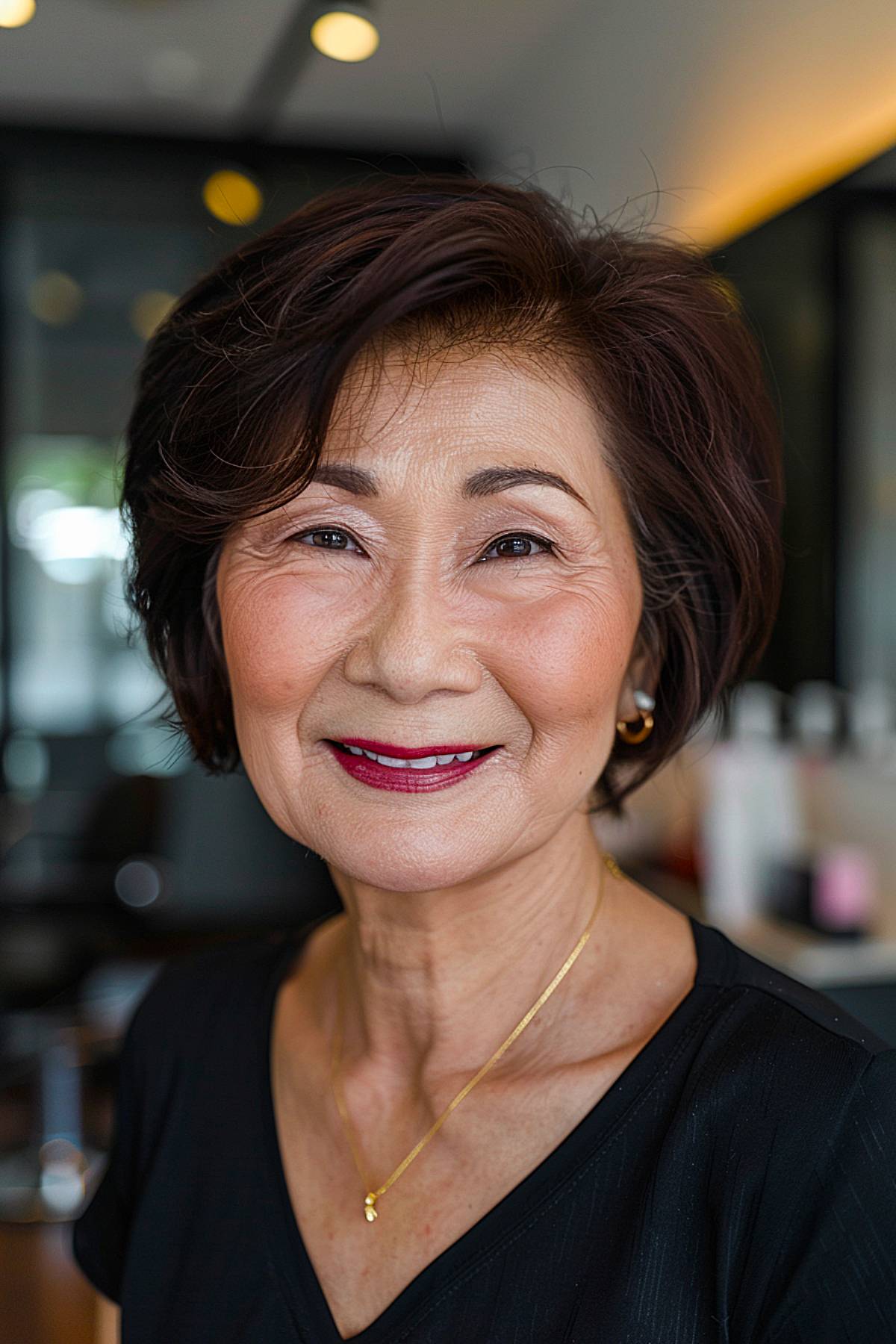 Chin-length bob hairstyle for older Asian women with soft waves