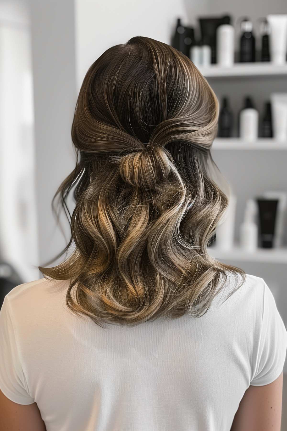 Elegant half up bun hairstyle for wavy hair, ideal for workouts