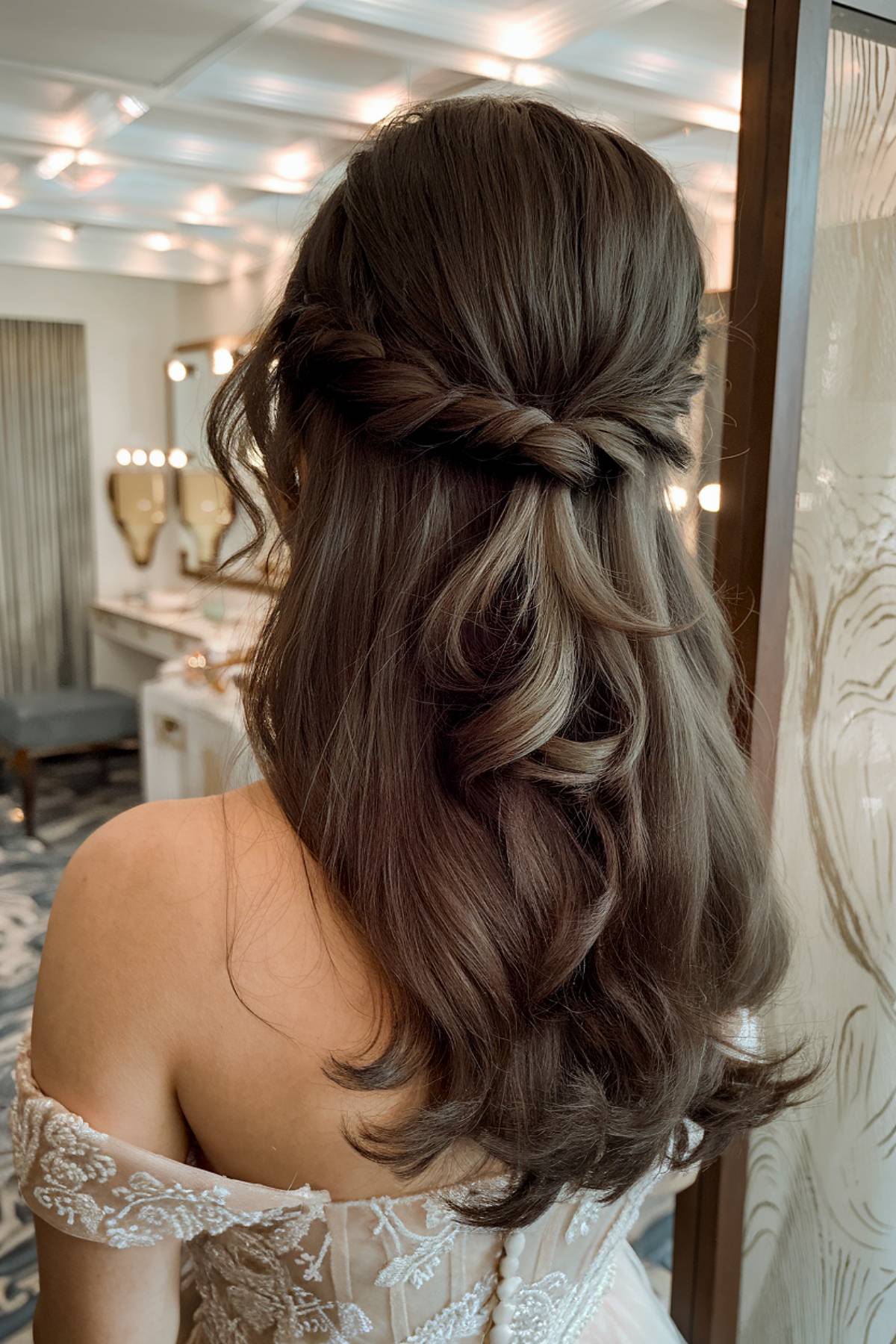 Twisted half-up wedding hairstyle for fine hair