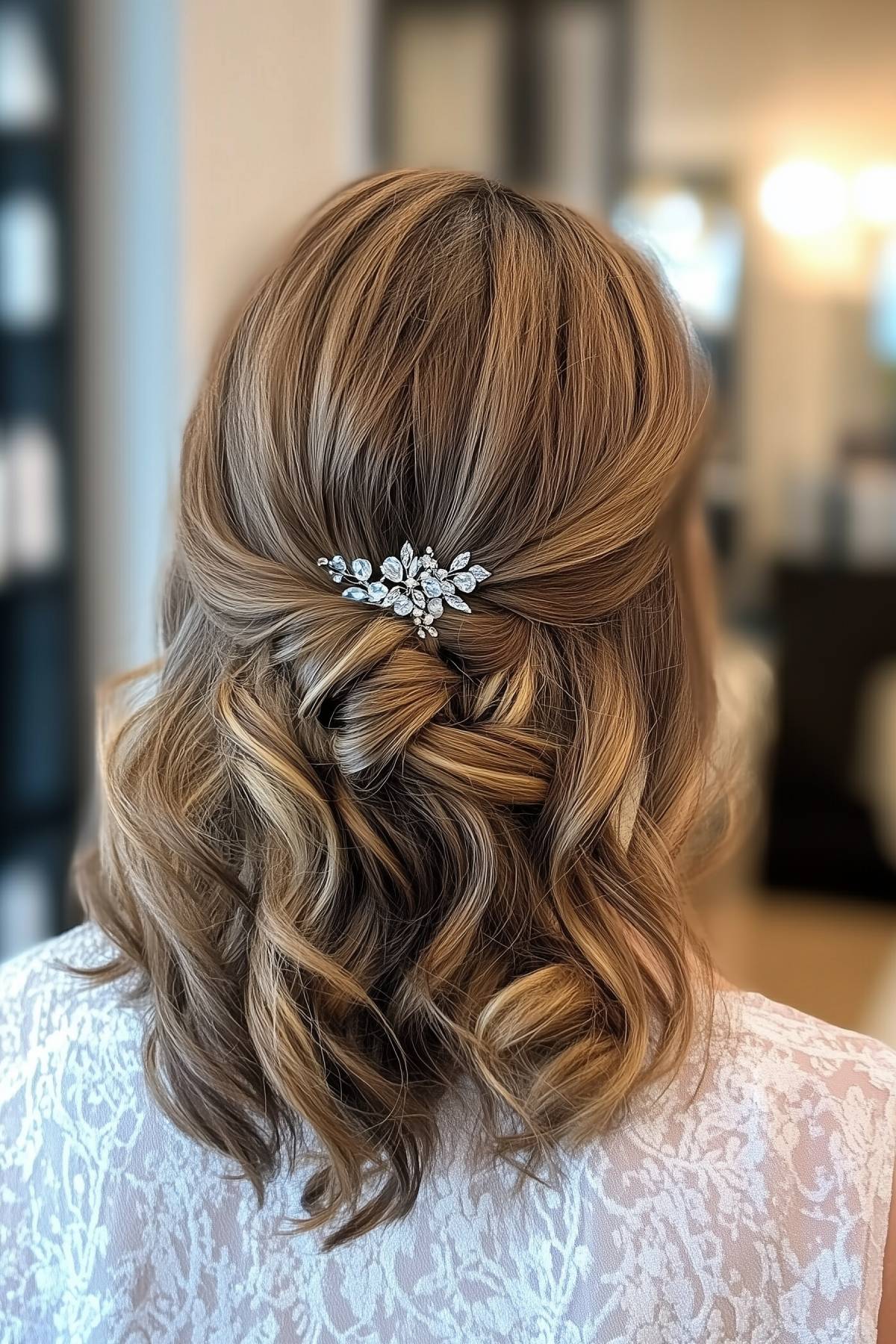 Half-up half down hairstyle with soft curls and a hairpin