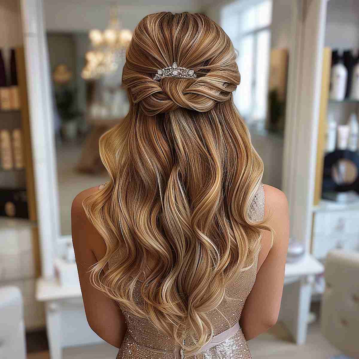Picture of a vintage-inspired half updo for long hair and prom