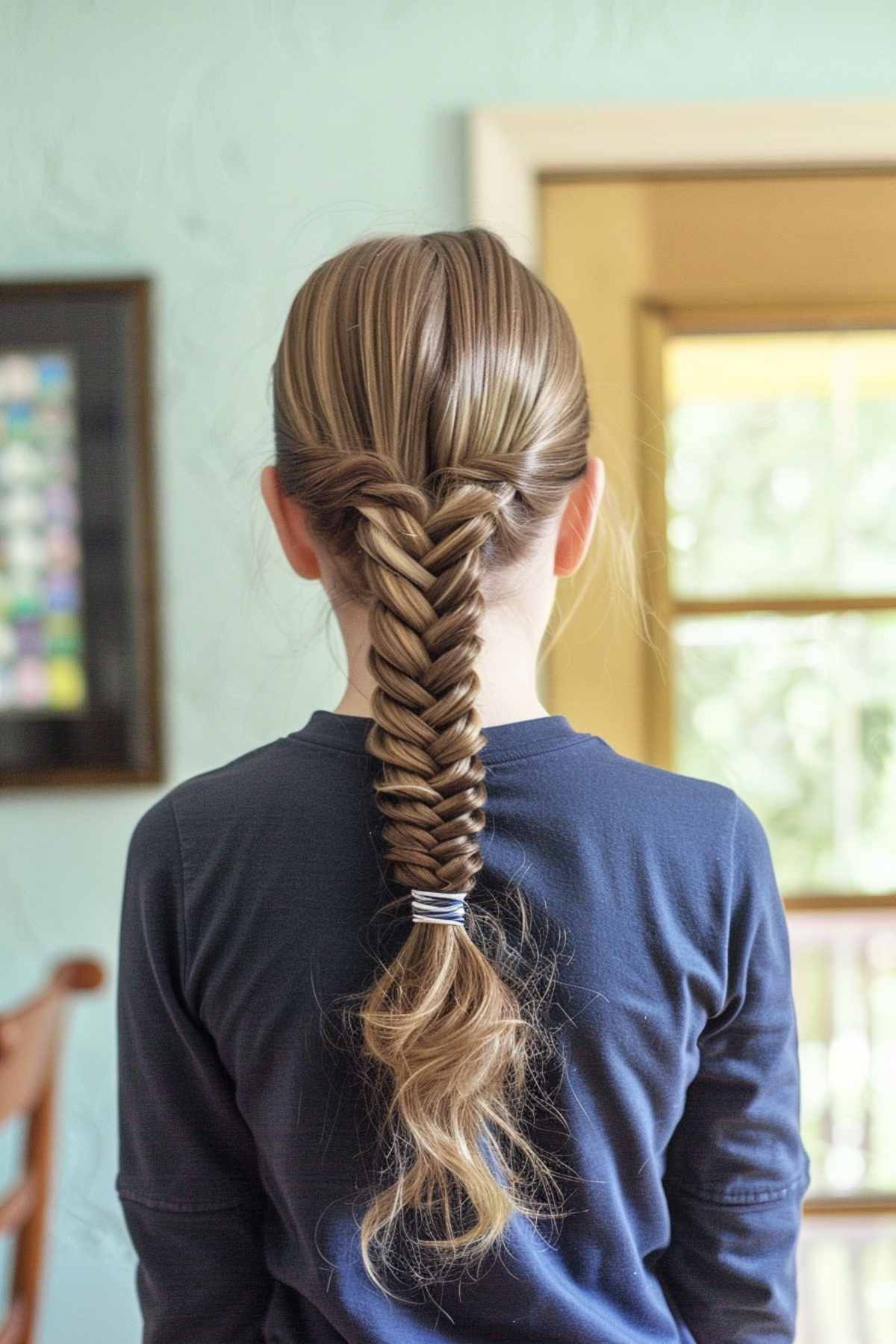 Young girl with an elegant infinity braid hairstyle, wearing a navy blue shirt