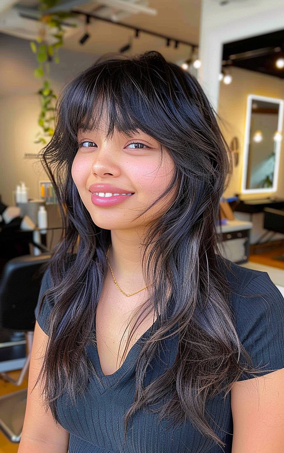 Long wolf cut with bangs for women with straight or wavy hair