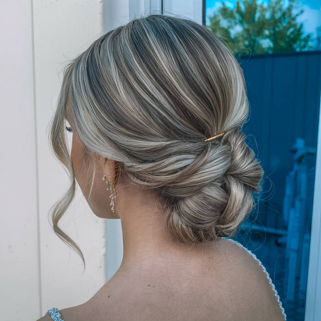 Elegant low bun prom updo with soft, face-framing layers