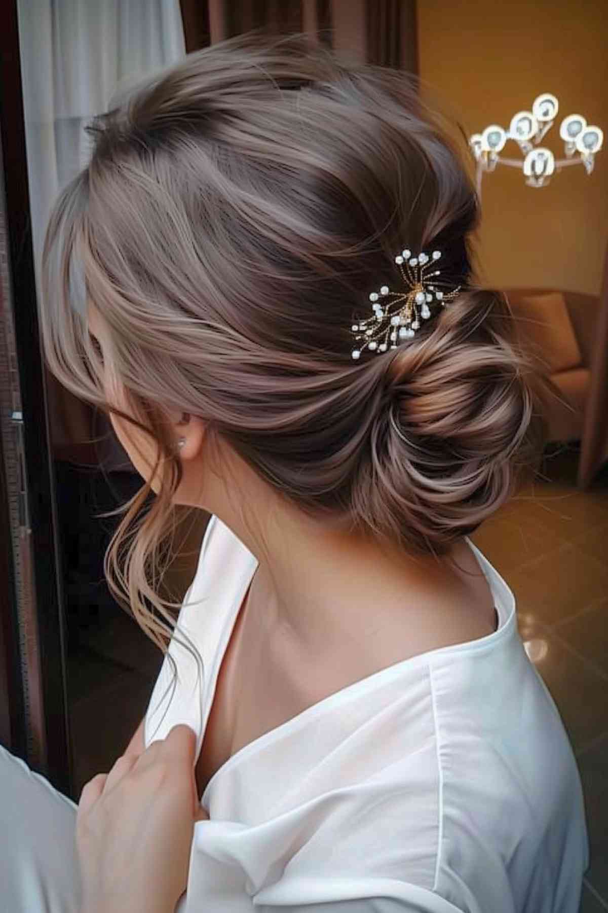 Elegant low bun updo with sparkling hair accessory for brides