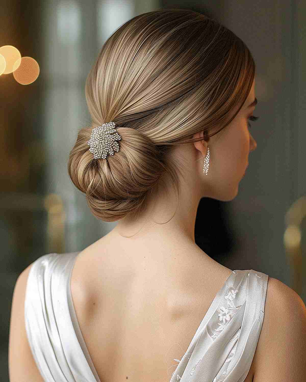 Elegant low bun with accessory for Valentine’s date