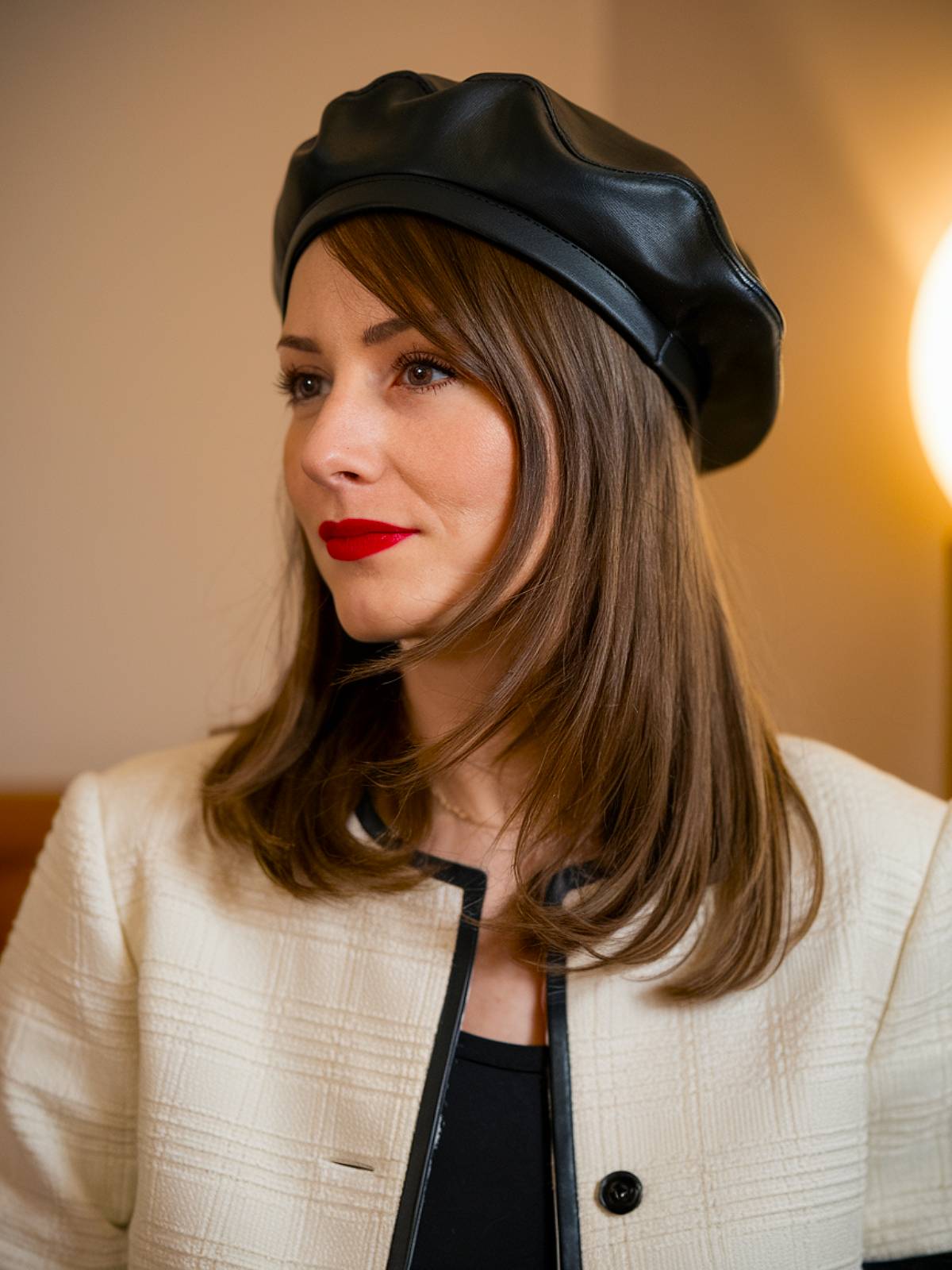 Medium-length hair with leather beret