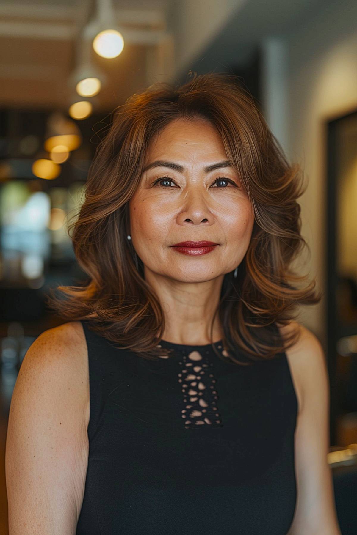 Feathered medium-length hairstyle for older Asian women