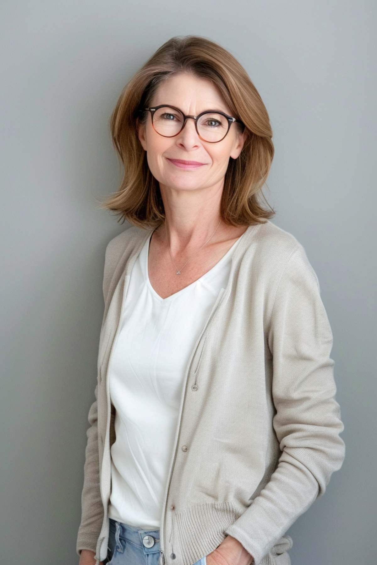 Woman with an elegant medium-length haircut, side part, wearing glasses