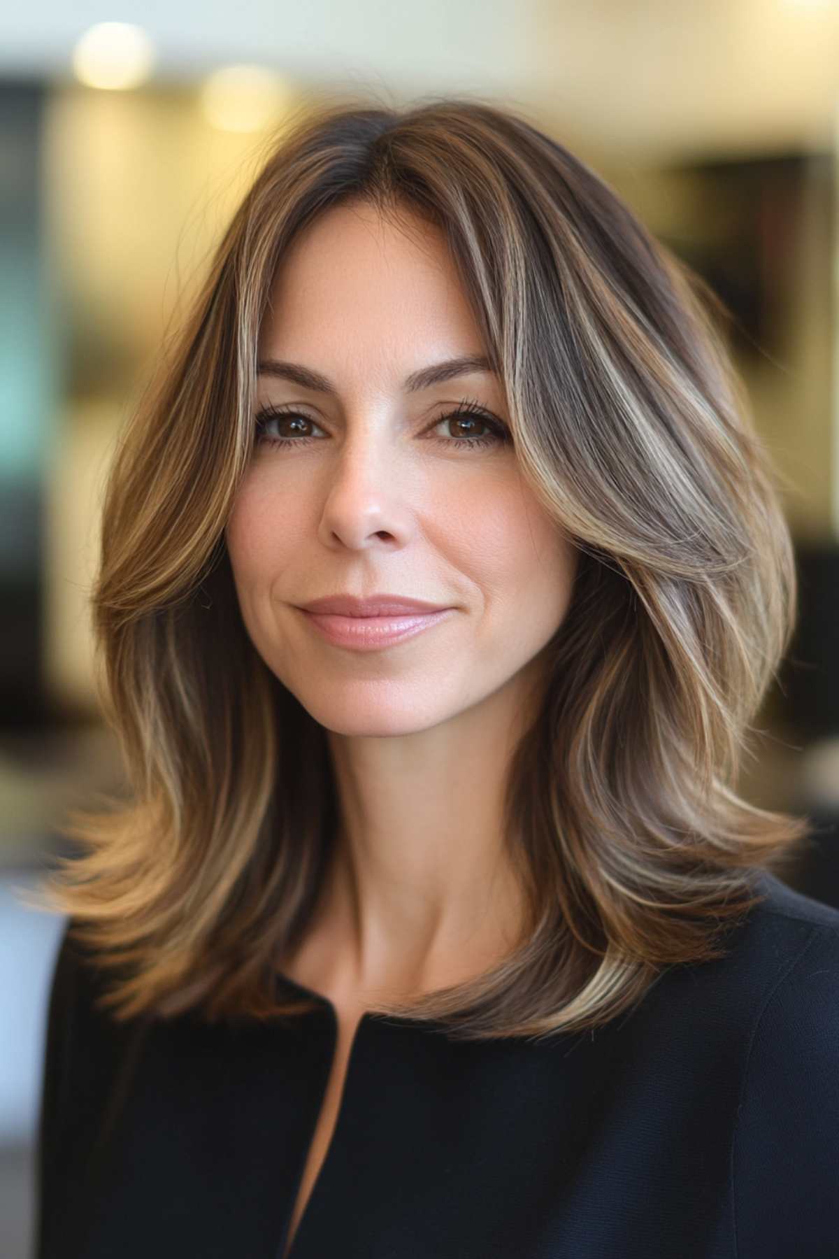 Elegant medium-length layered cut with subtle highlights and face-framing layers.