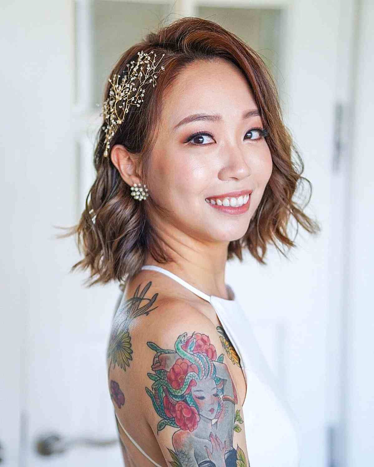 Neck-Length Light Brown Hair with a Side Part for a Wedding Event
