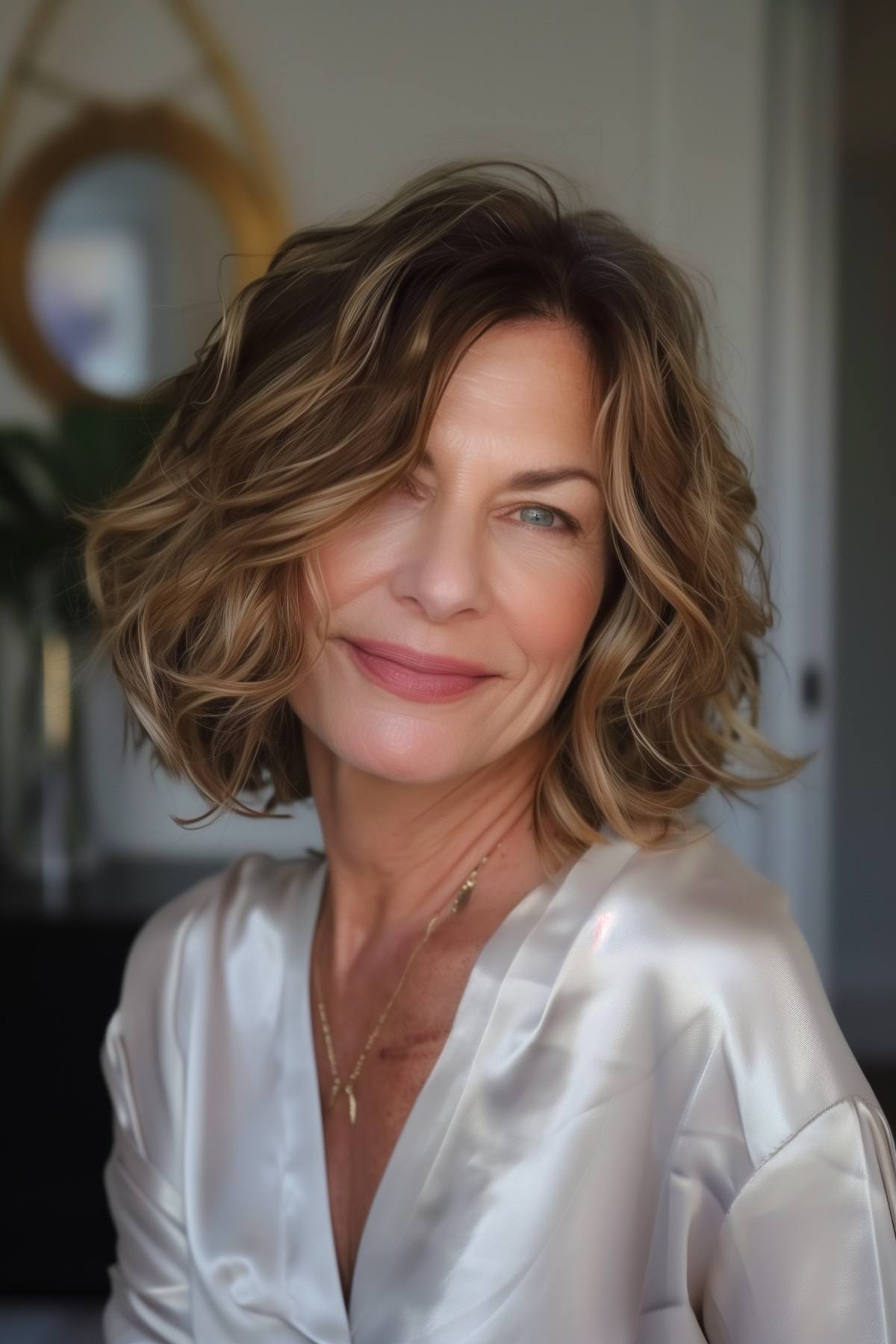 Elegant wavy bob with warm highlights for women over 50