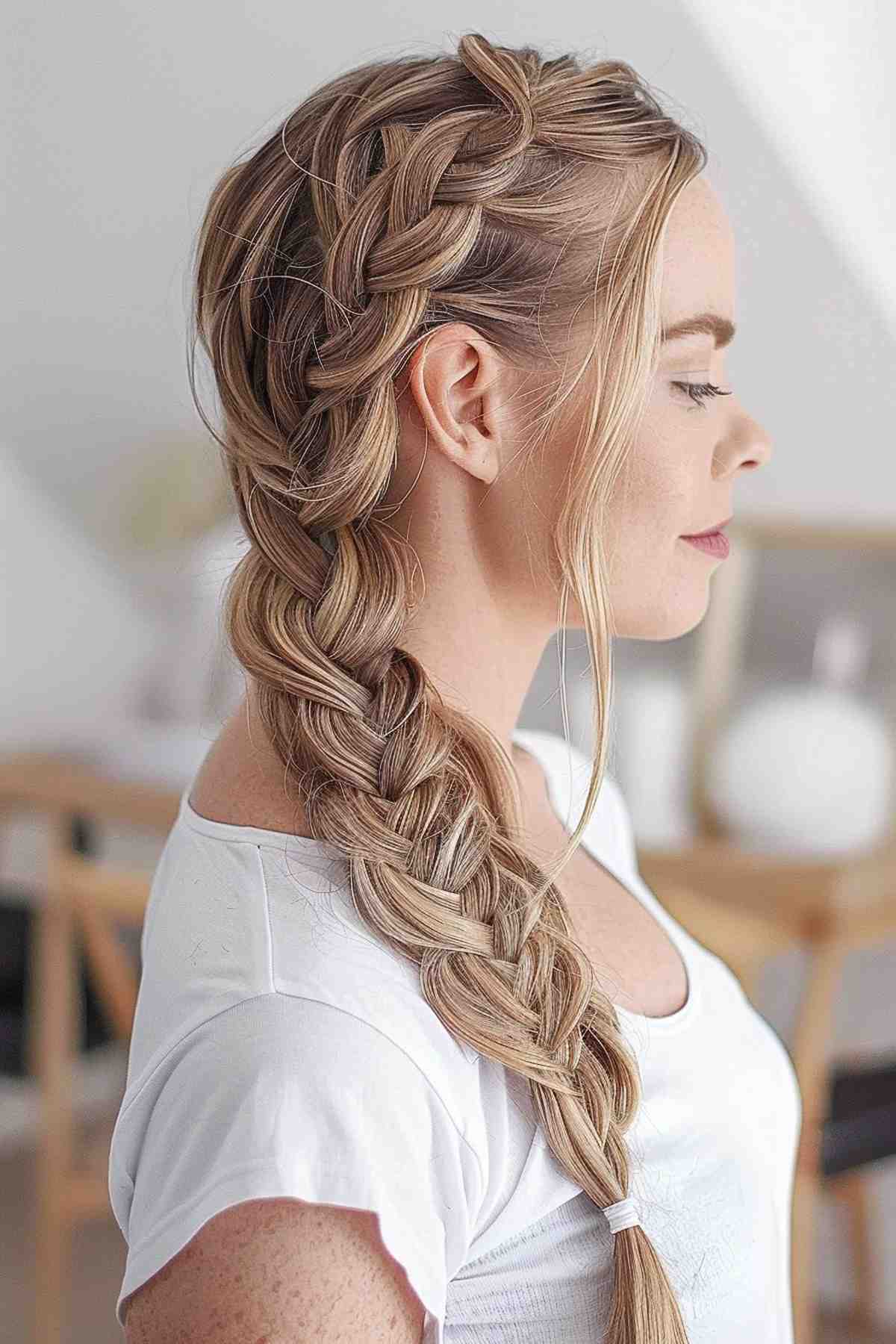 Elegant side braid for thick hair with intricate braiding