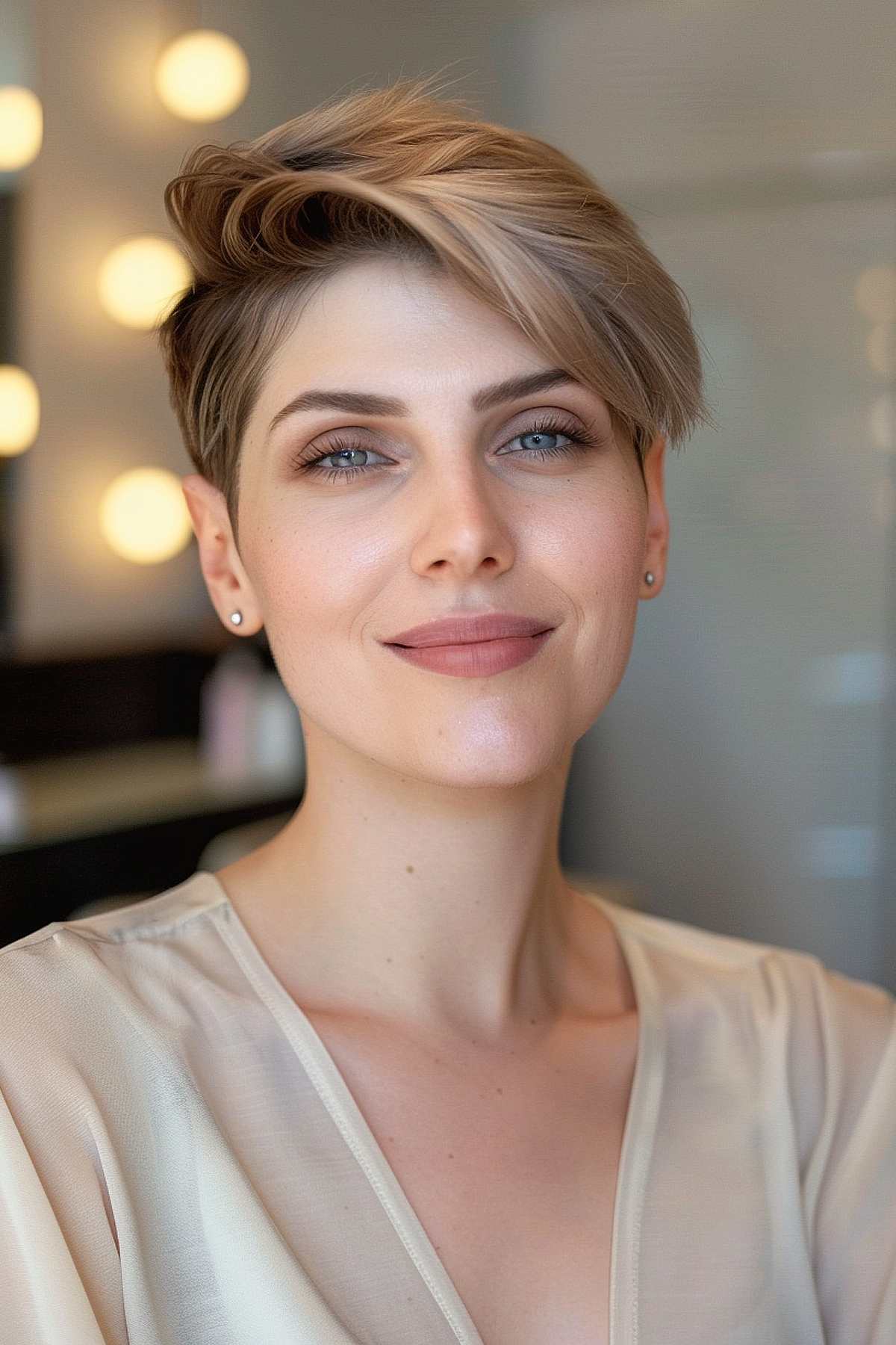 Elegant side-parted long pixie with longer top layers