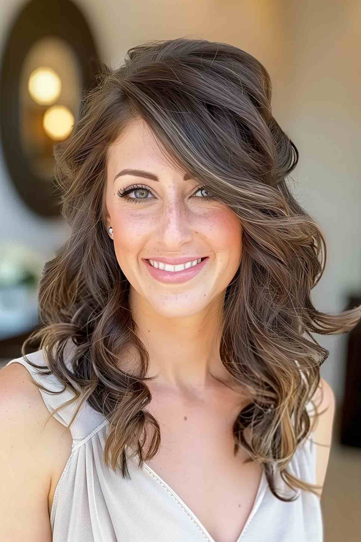 Portrait of a woman with elegant side-swept curls and highlighted brunette hair, styled for a special occasion