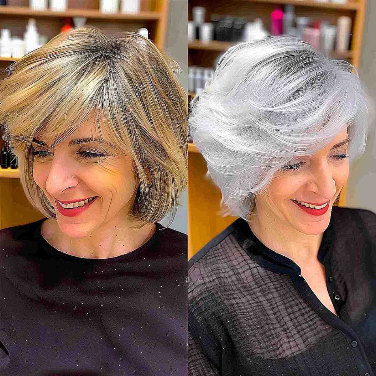 Blonde-highlighted long pixie and silver voluminous feathered bob for mature women