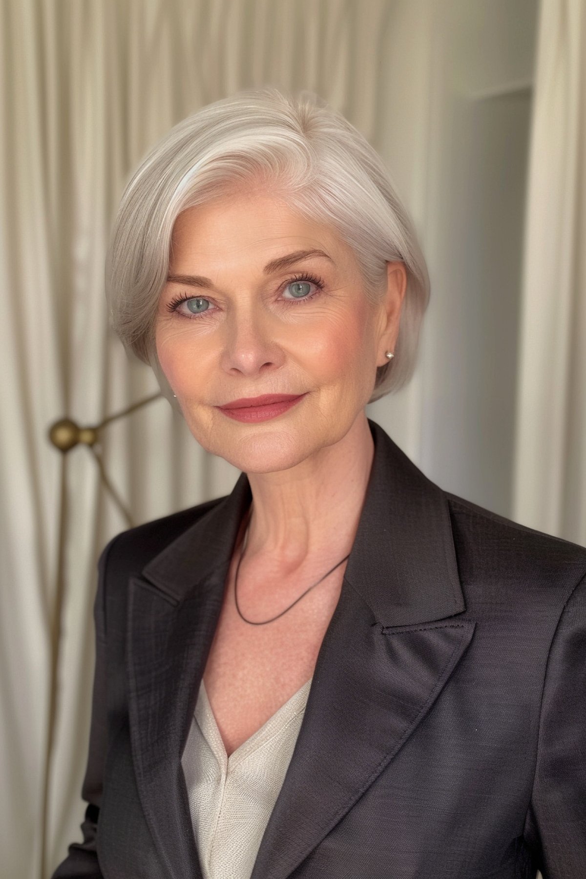 Mature woman with an elegant silver layered bob hairstyle
