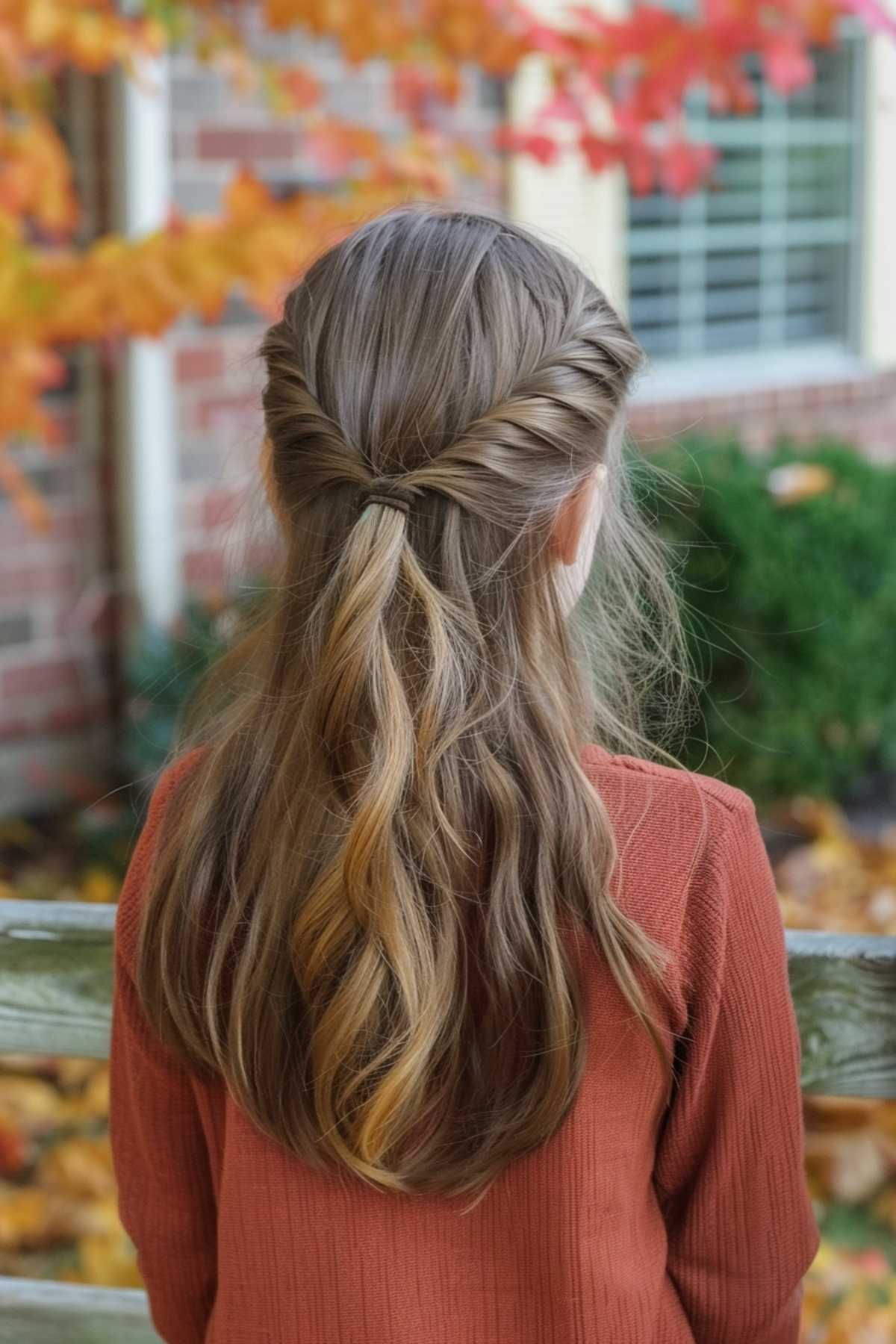 Young girl with an elegant twisted half down do hairstyle, featuring twisted sections meeting at the back