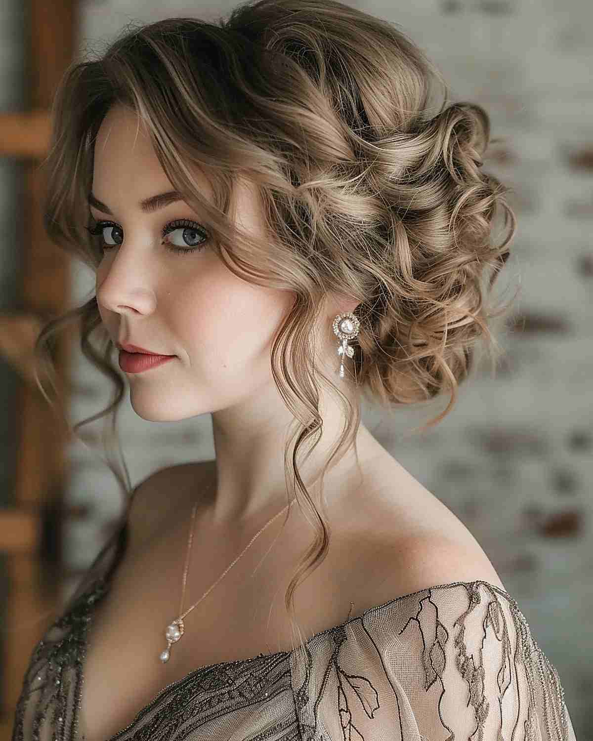 Elegant updo with loose curls for Valentine’s
