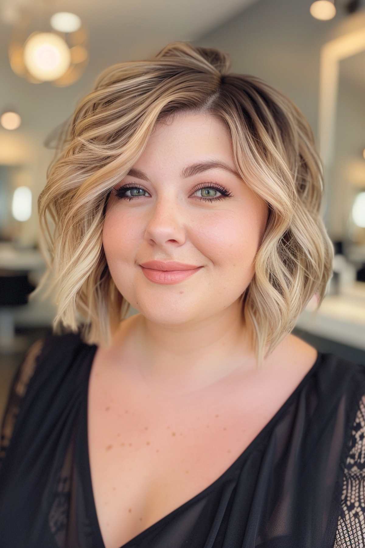 Elegant wavy bob with a side part, ideal for round faces