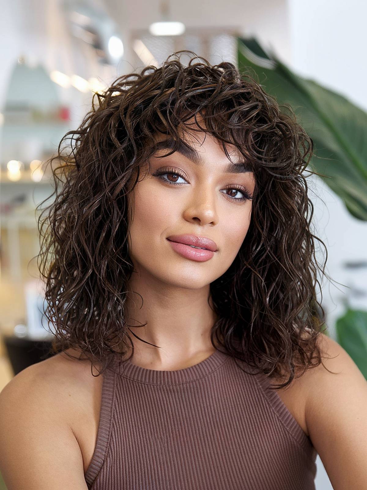 Wavy curly hair with fringe for shoulder-length styles