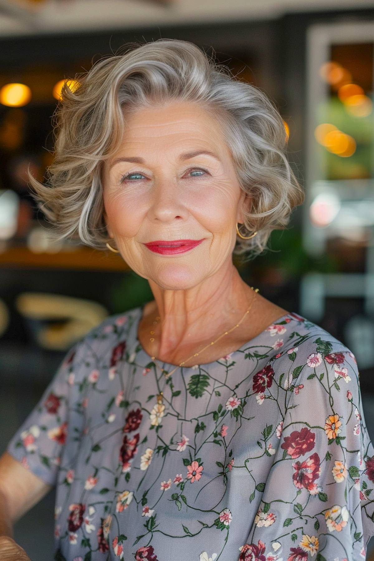 Short wavy hairstyle for women over 60 with wispy layers