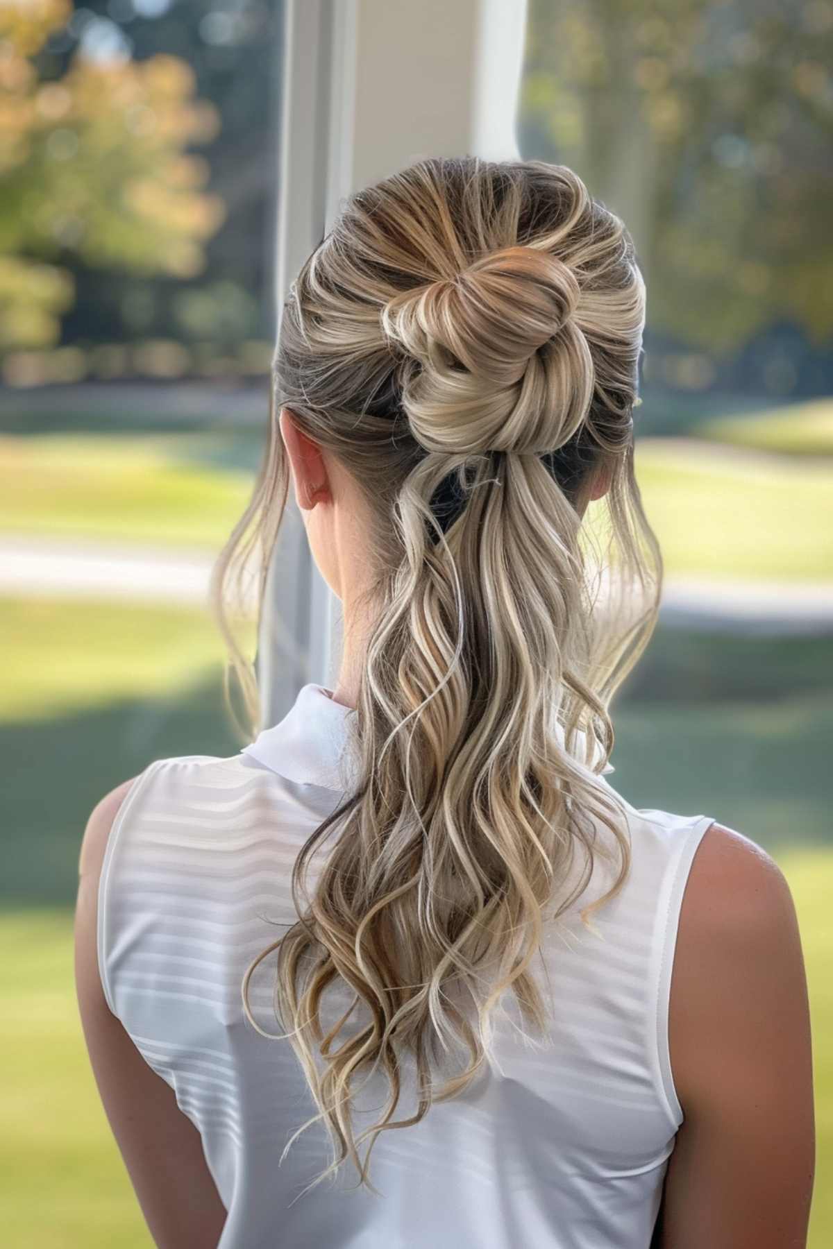 Woman with elegant wavy half-up bun, golf hairstyle