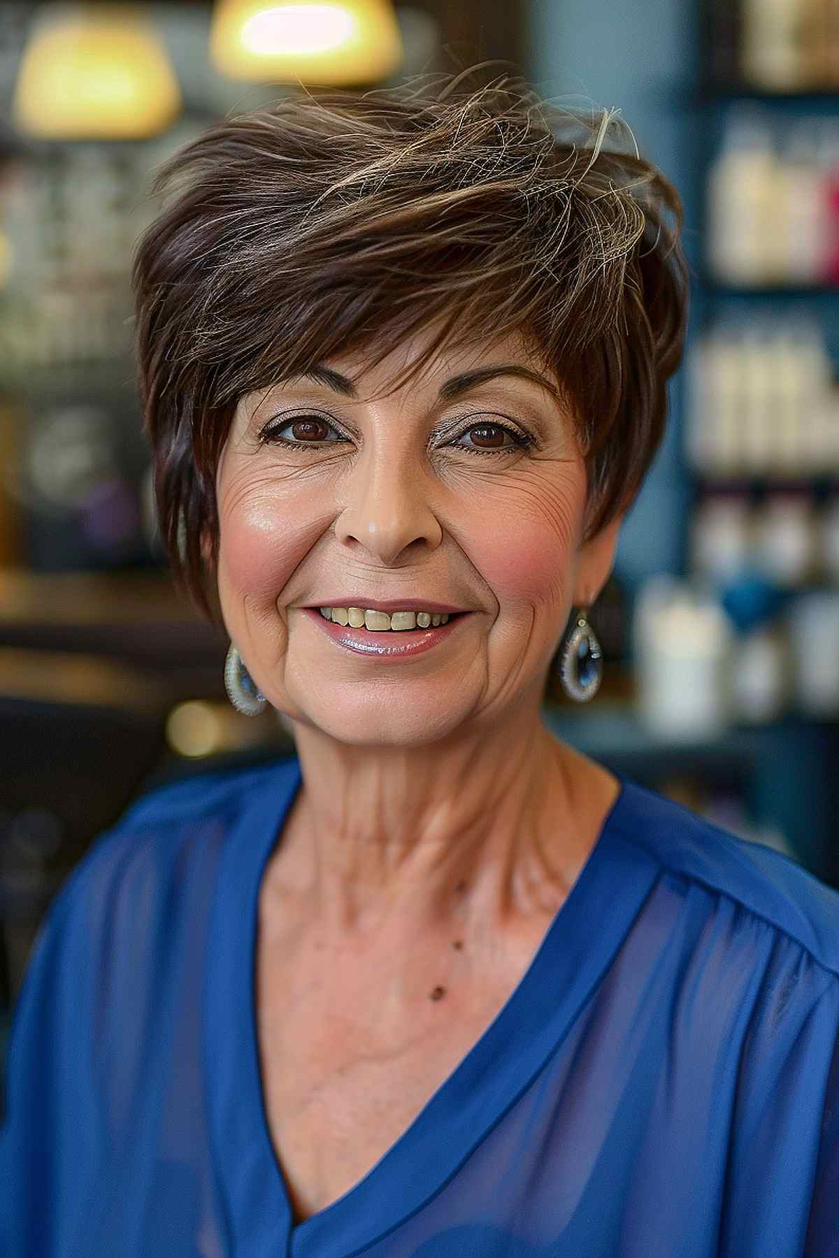 Elegant elf look for women over 60 with rich brunette shade and subtle highlights.