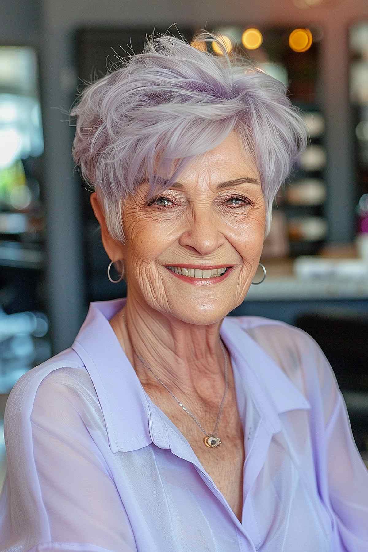 Elf haircut for older women with soft lavender hue and tousled layers.