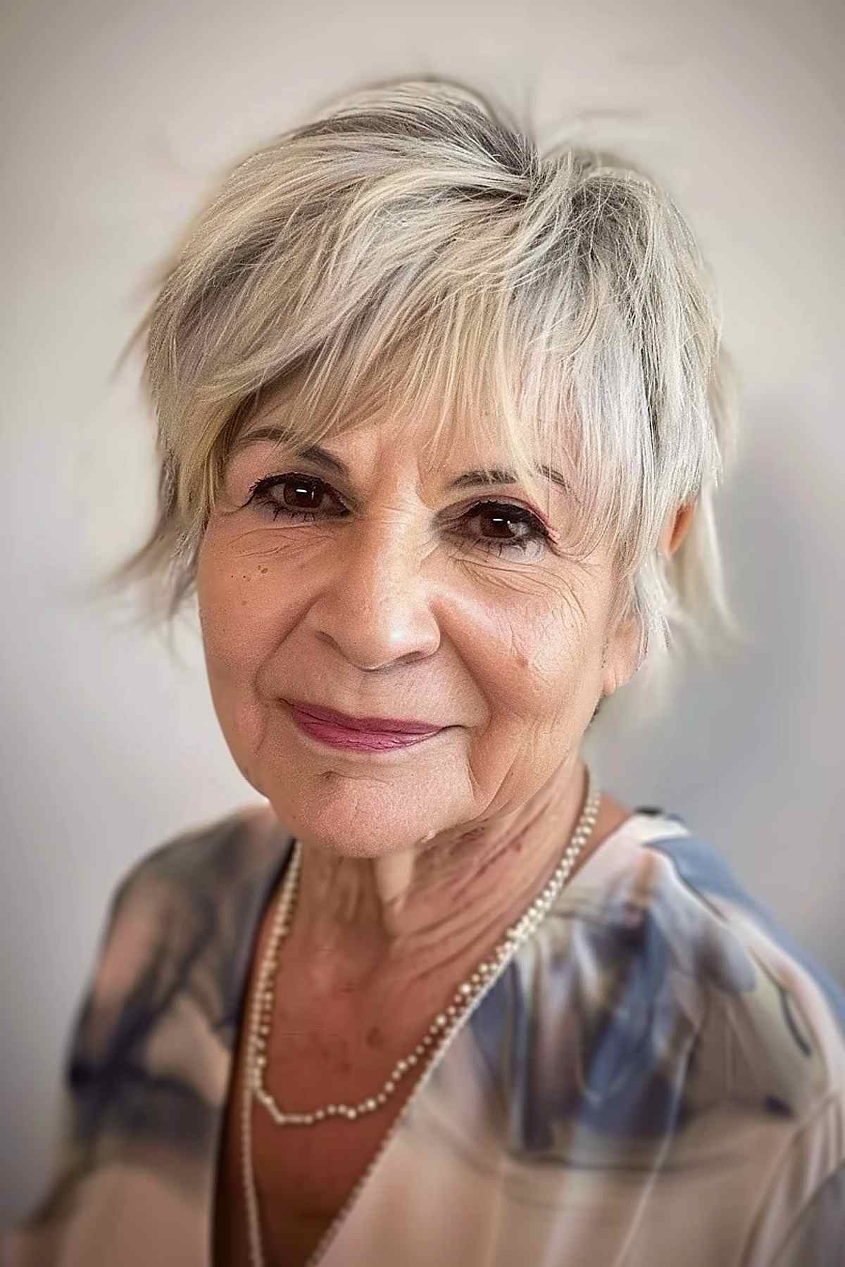 Graceful elf style for women over 70 with natural gray hair and soft, wispy layers.