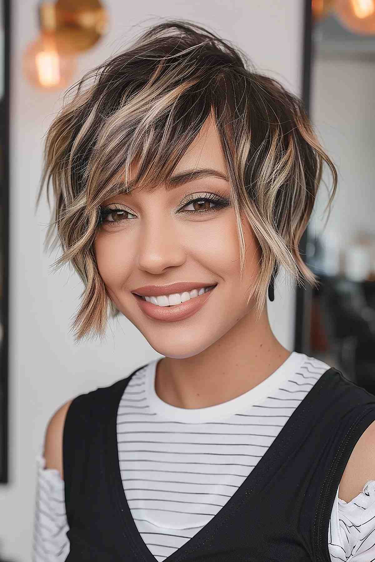 Elf cut with highlighted tips, featuring dark and light hues and an asymmetrical fringe.