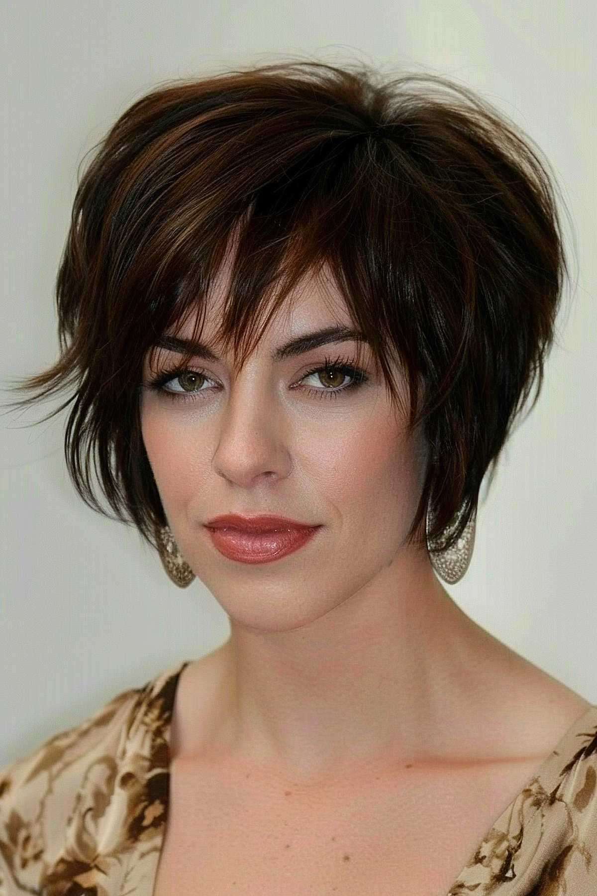 Pixie bob elf blend haircut with rich brunette shade, featuring longer front layers tapering towards the back.