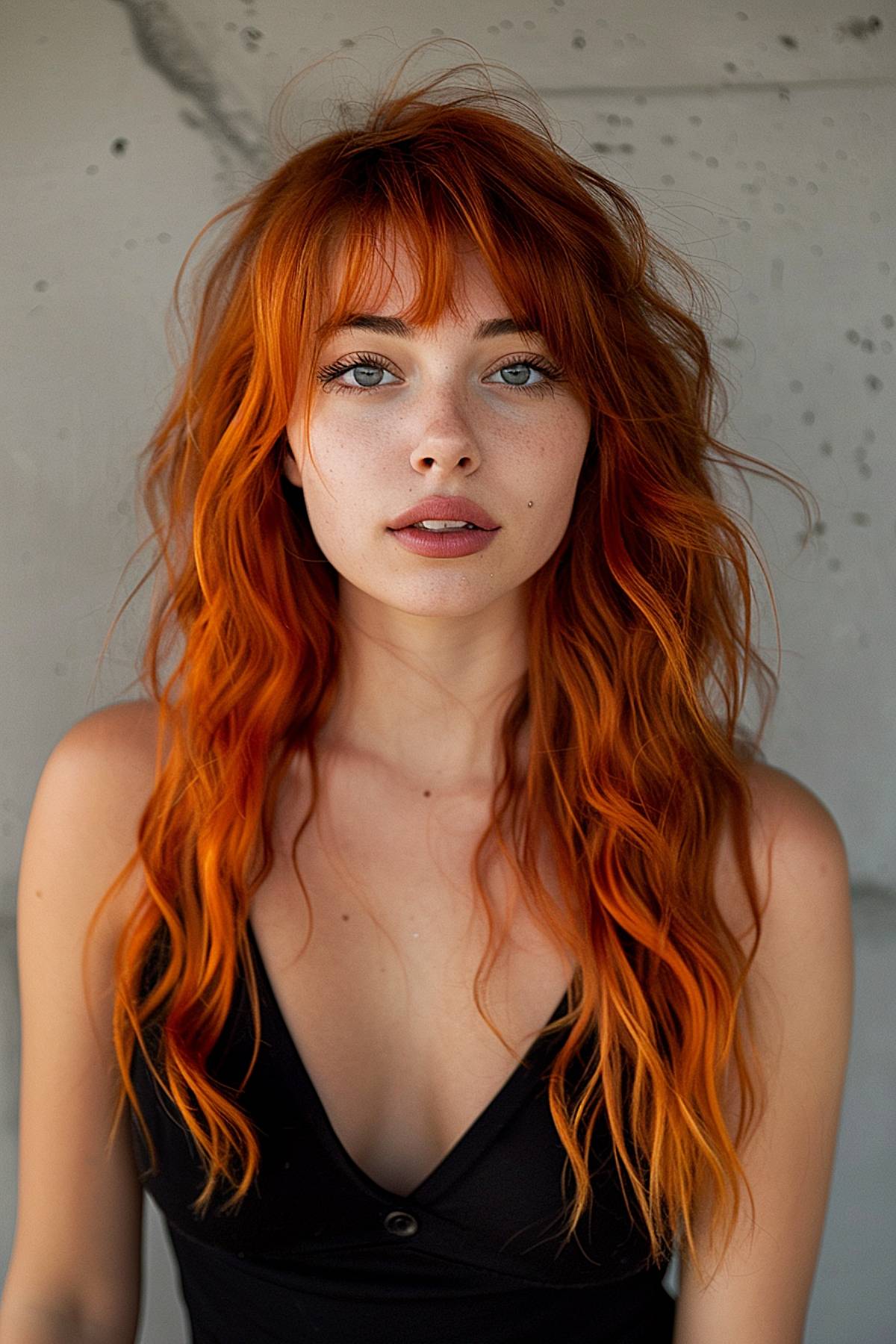 Long copper-red haircut with choppy bangs and waves