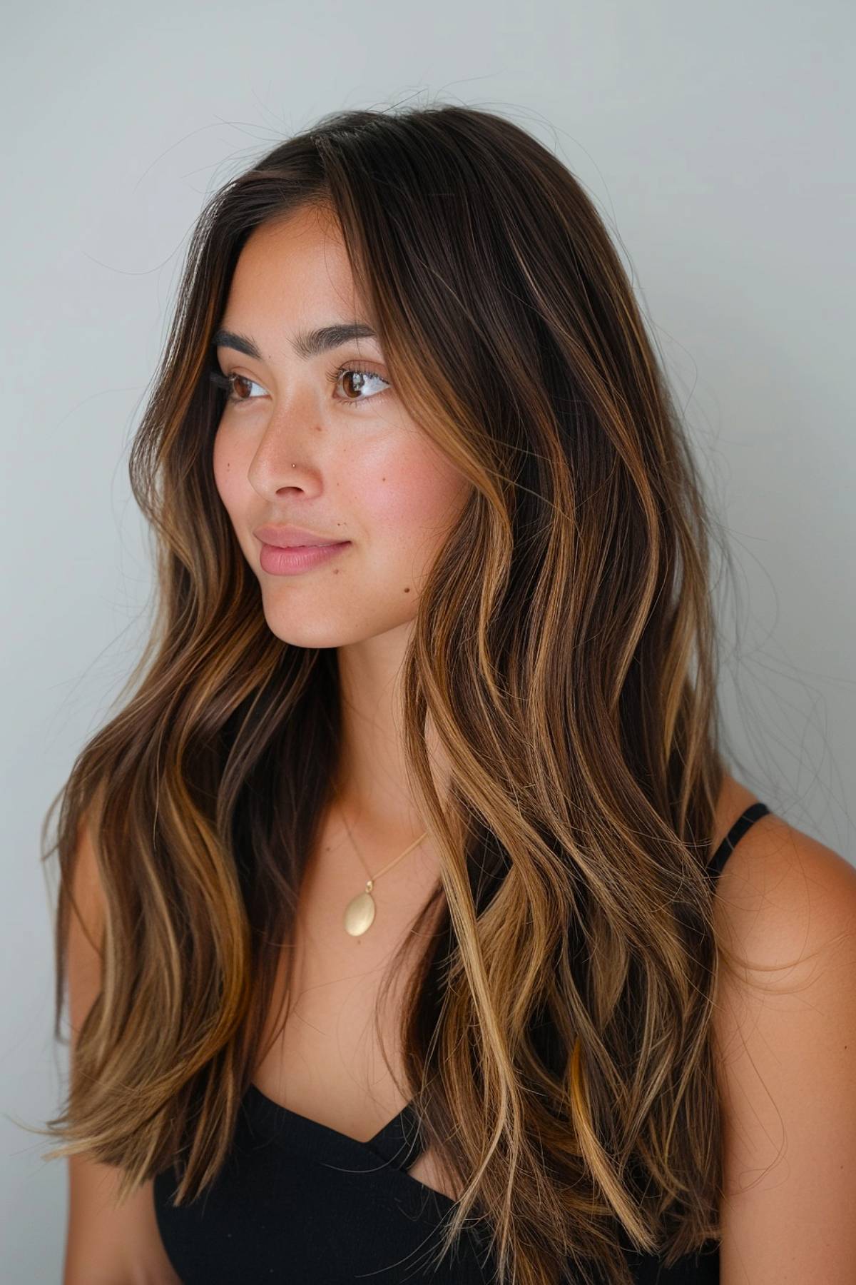 Deep espresso brown hair with warm amber and honey-blonde highlights, creating a soft, dimensional look