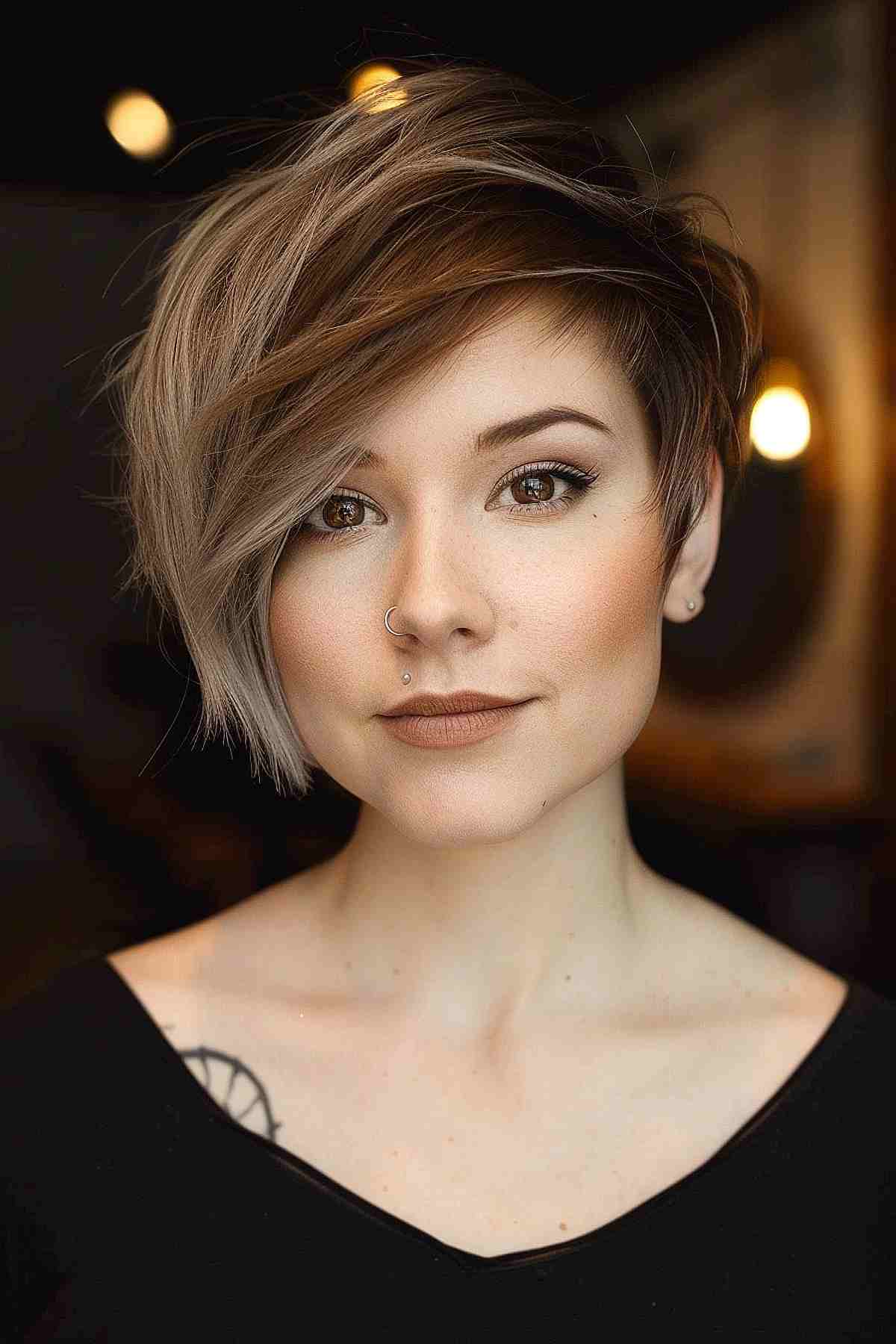 Short asymmetrical cut with long side fringe for straight hair