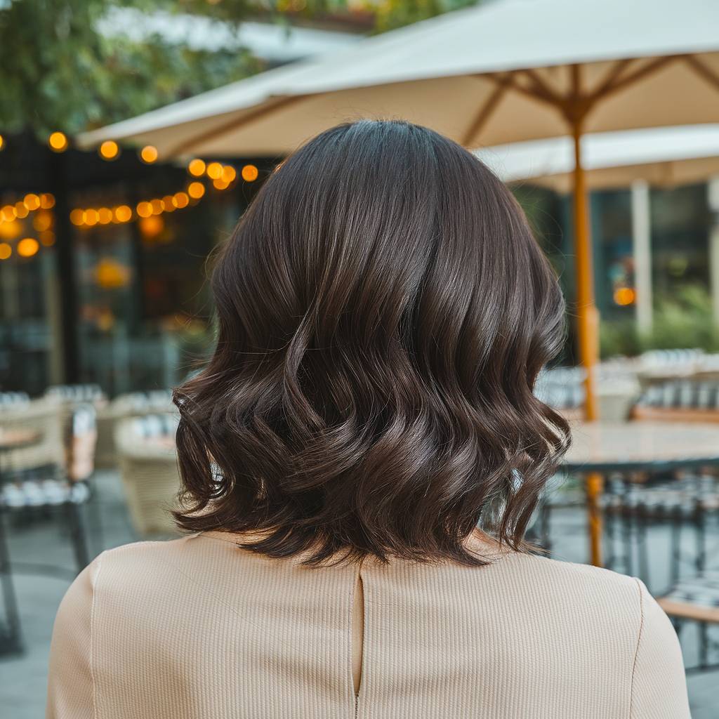 Short wavy espresso brown bob with a silky shine, creating a timeless, elegant spring style