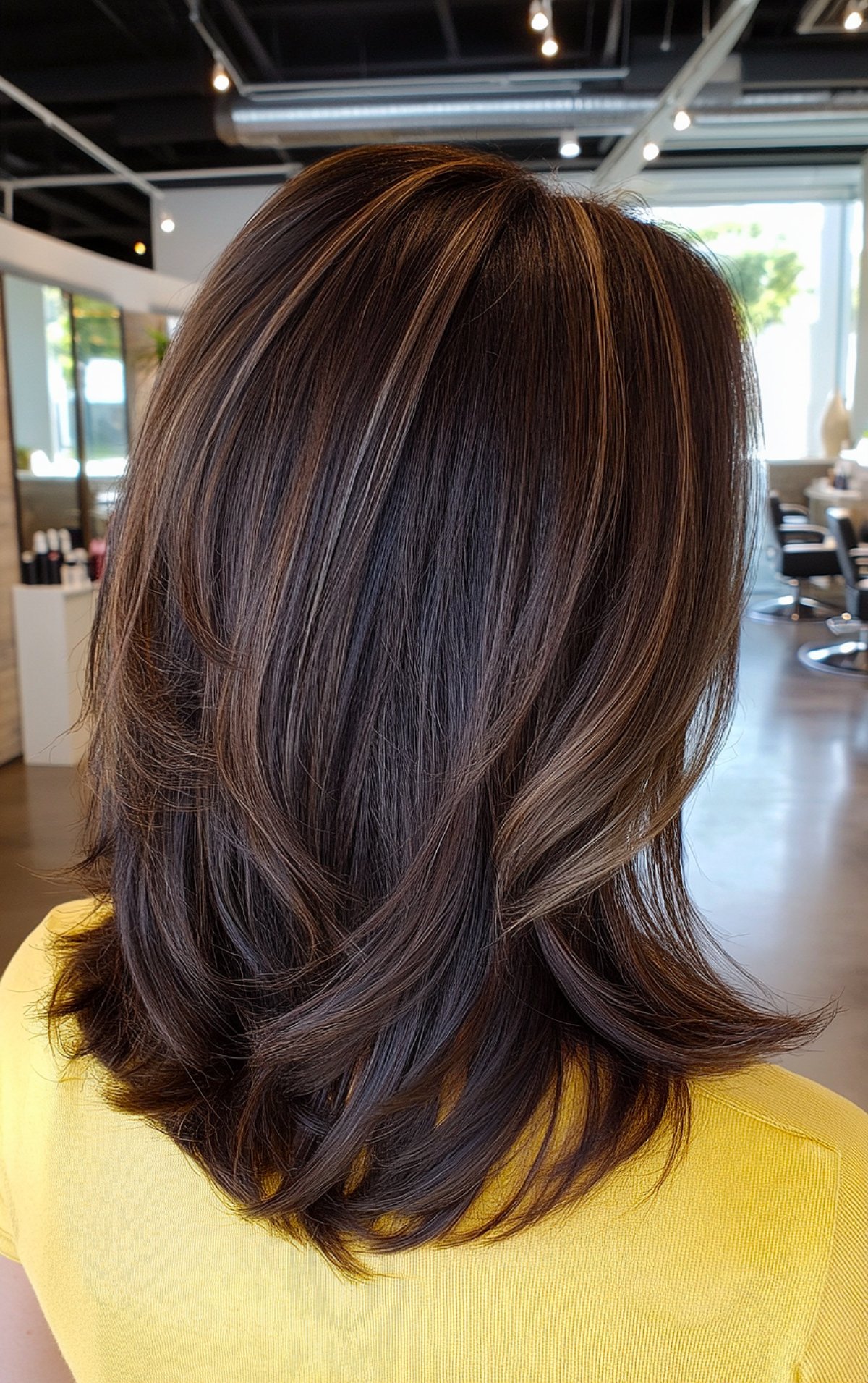 Espresso brown hair color with blonde and caramel highlights for layered hair