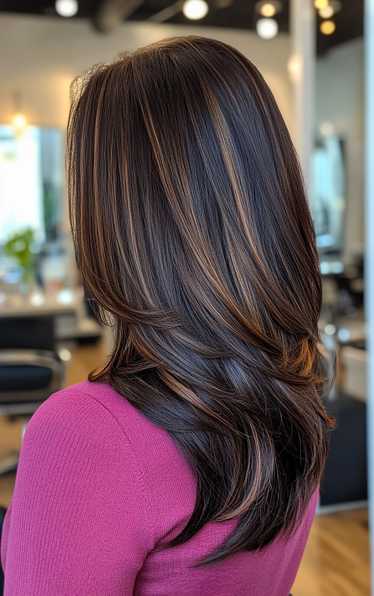 Espresso hair highlights with caramel streaks for layered hair