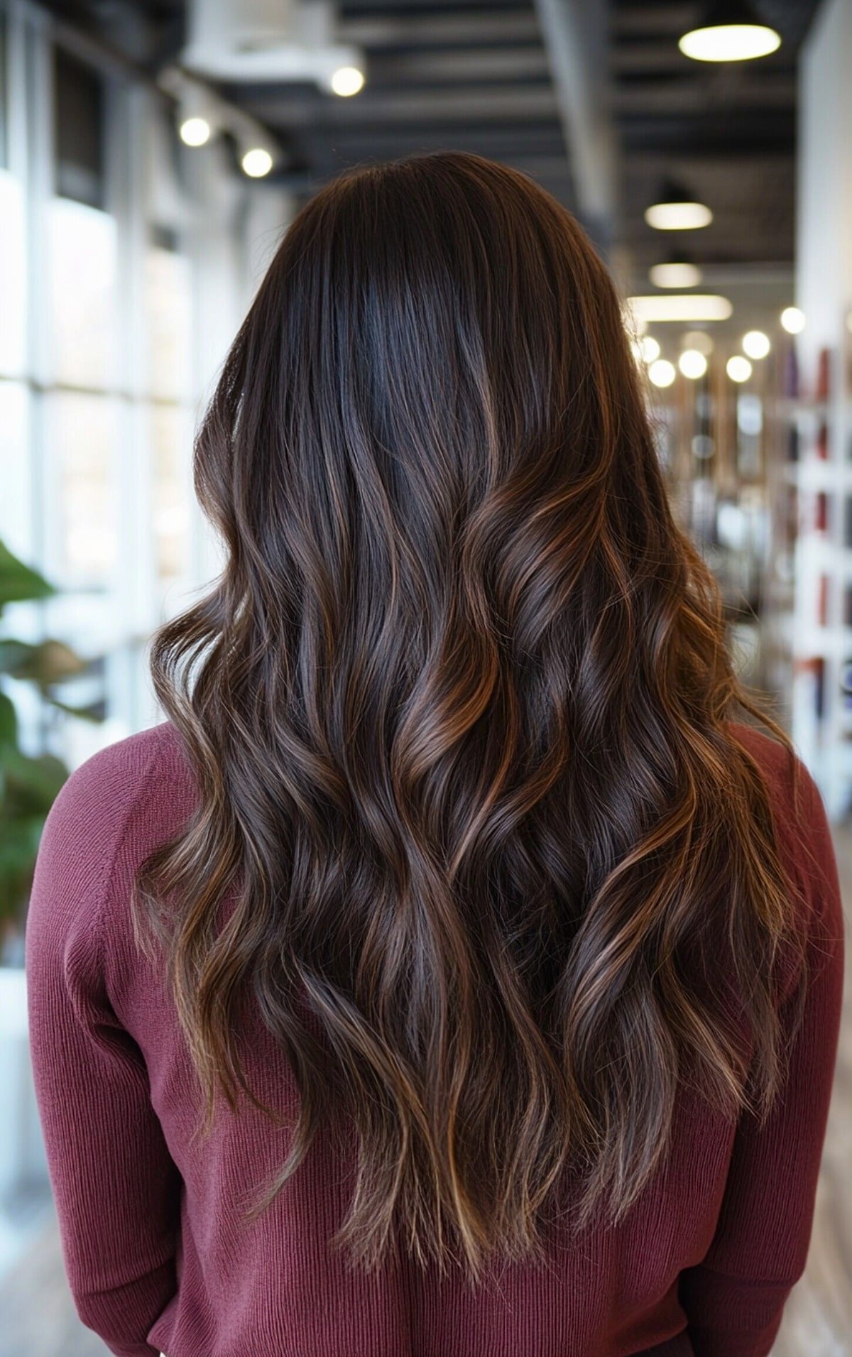 Espresso martini hair color with caramel highlights for long wavy hair