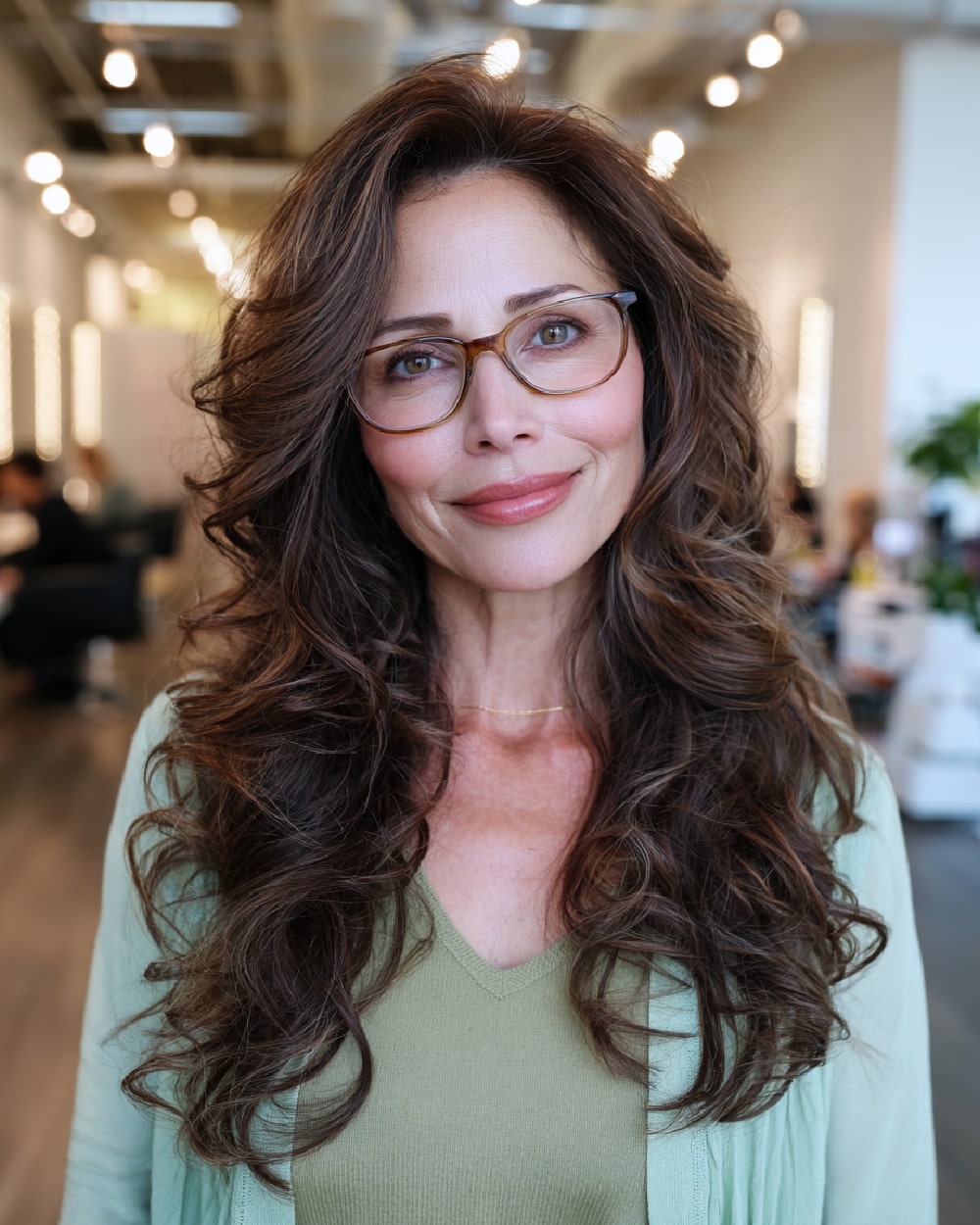 Voluminous espresso brown layered hairstyle with curl-enhancing long layers