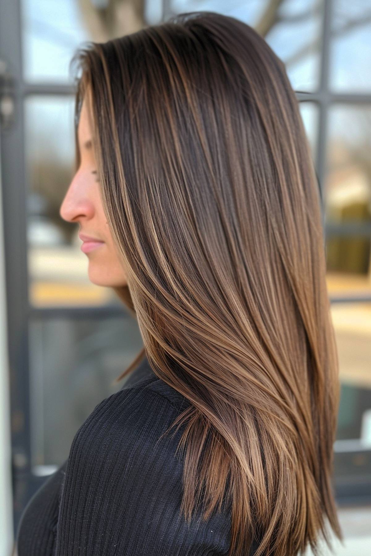 Deep espresso brown hair with cool frosted caramel and beige-blonde highlights for a modern contrast