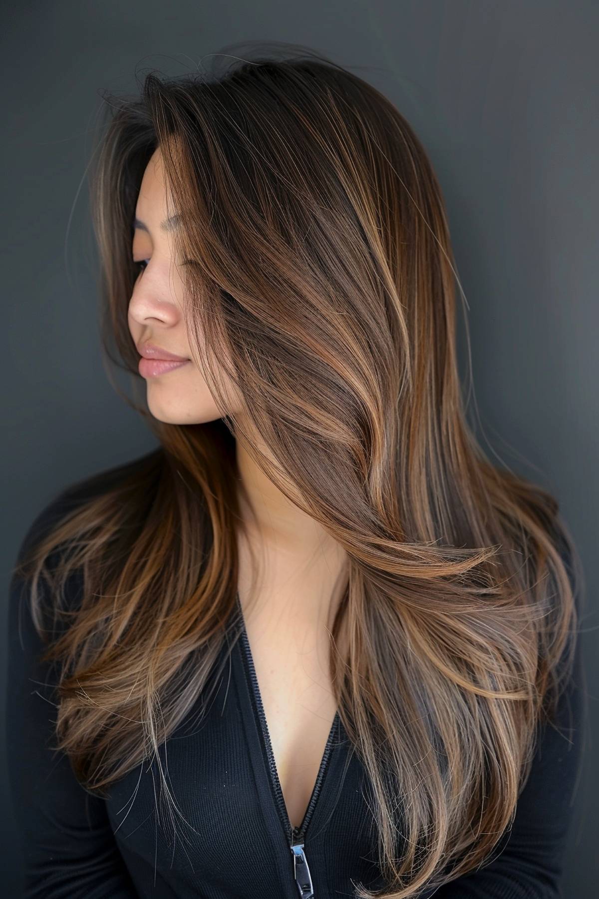 Bold espresso brown hair with soft honey and butterscotch highlights, giving a silky, luminous effect