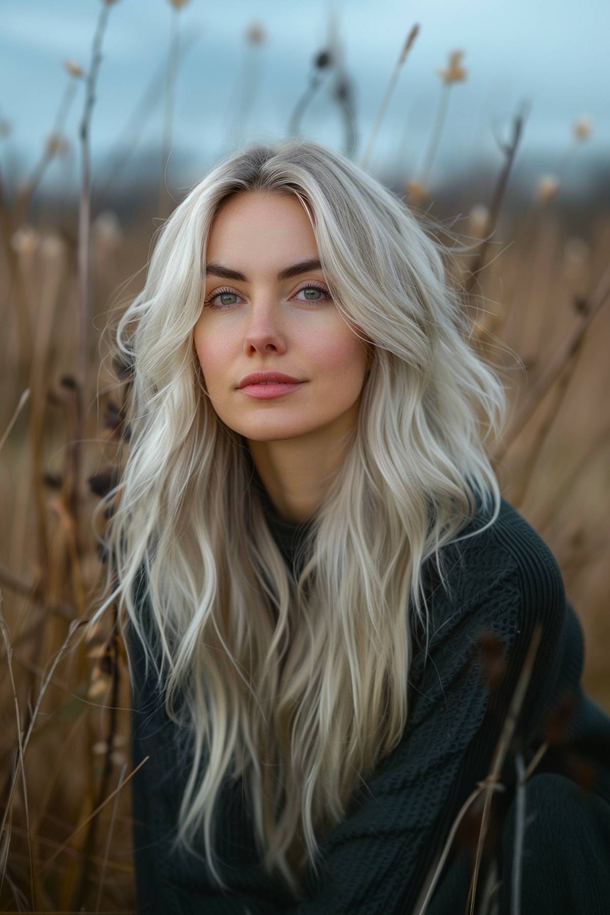 Platinum blonde wavy long hairstyle