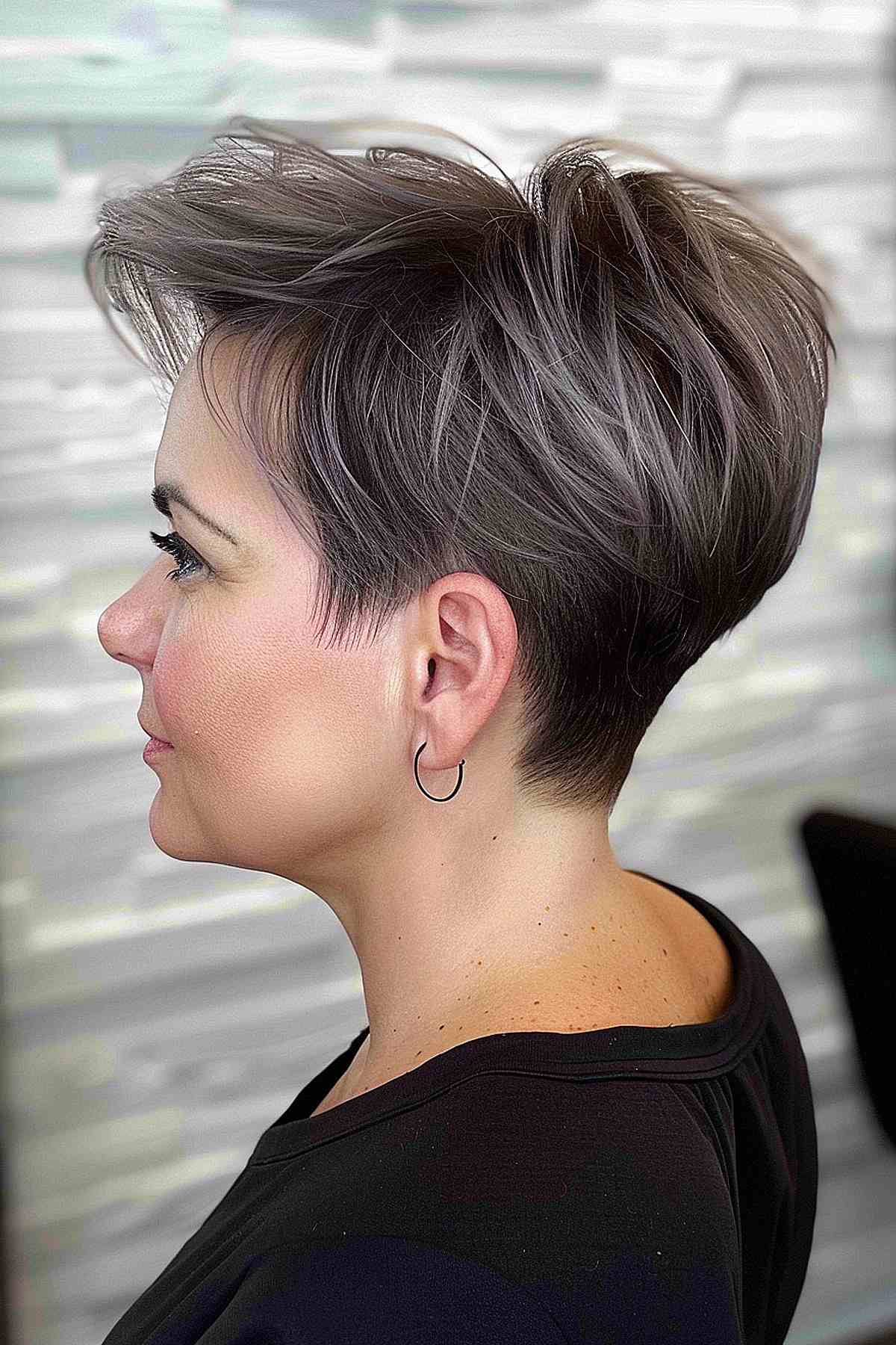 Tapered pixie hairstyle with feathery and piece-y look for fine hair